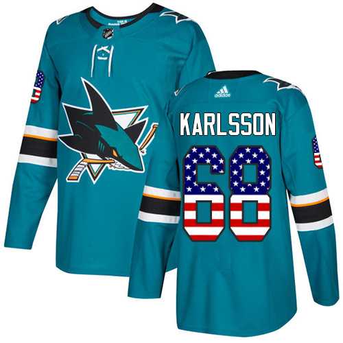 Youth Adidas San Jose Sharks #68 Melker Karlsson Teal Home Authentic USA Flag Stitched NHL Jersey