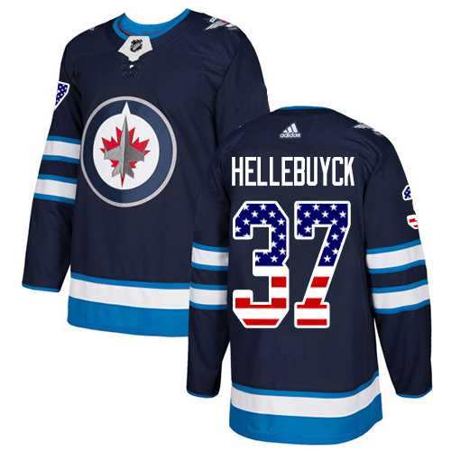 Youth Adidas Winnipeg Jets #37 Connor Hellebuyck Navy Blue Home Authentic USA Flag Stitched NHL Jersey