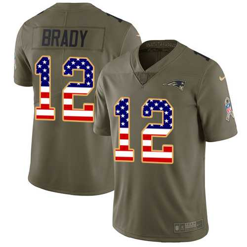 Youth Nike New England Patriots #12 Tom Brady Olive USA Flag Stitched NFL Limited 2017 Salute to Service Jersey