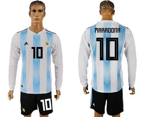 Argentina #10 Maradona Home Long Sleeves Soccer Country Jersey