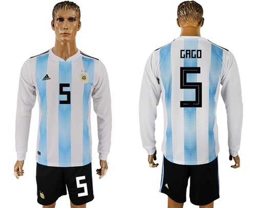 Argentina #5 Gago Home Long Sleeves Soccer Country Jersey