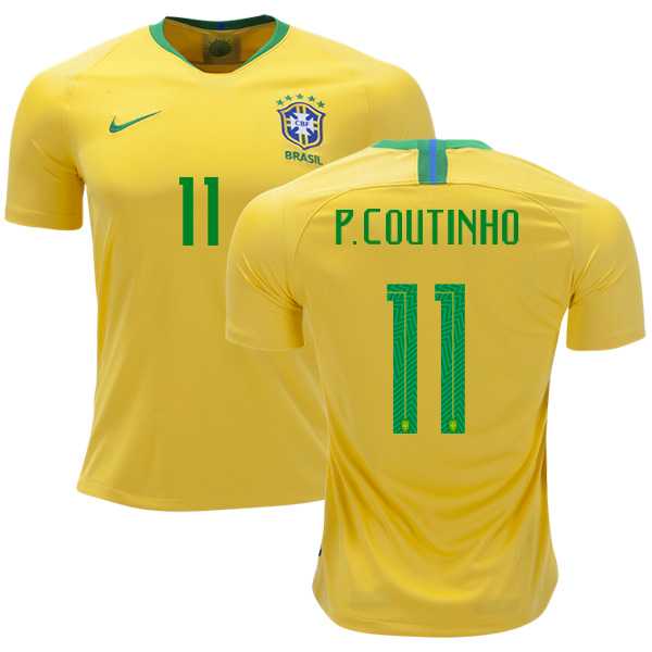 Brazil #11 P.Coutinho Home Kid Soccer Country Jersey