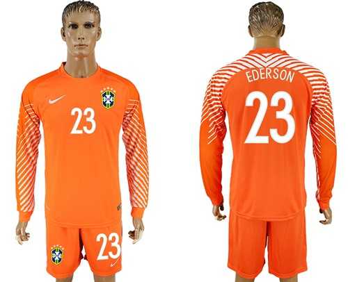 Brazil #23 Ederson Orange Goalkeeper Long Sleeves Soccer Country Jersey