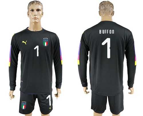 Italy #1 Buffon Black Long Sleeves Goalkeeper Soccer Country Jersey