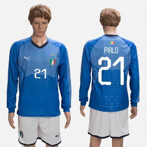 Italy #21 Pirlo Blue Home Long Sleeves Soccer Country Jersey