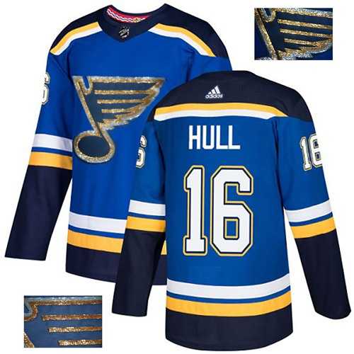 Men's Adidas St. Louis Blues #16 Brett Hull Blue Home Authentic Fashion Gold Stitched NHL