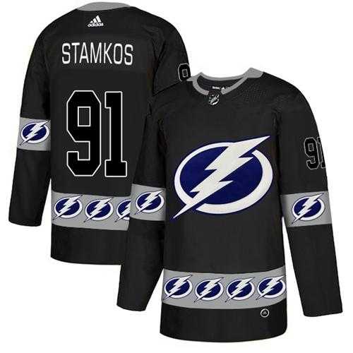 Men's Adidas Tampa Bay Lightning #91 Steven Stamkos Black Authentic Team Logo Fashion Stitched NHL Jersey