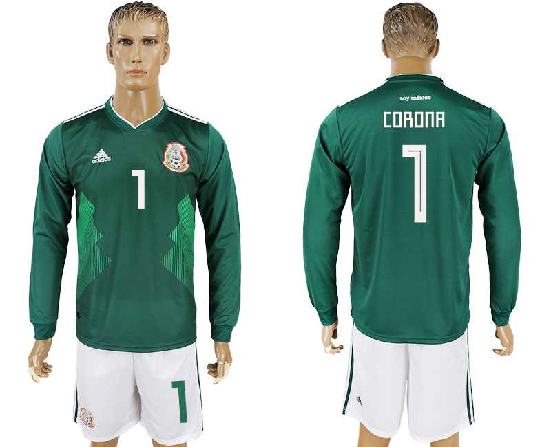 Mexico #1 CORONA Home 2018 FIFA World Cup Long Sleeve Soccer Jersey