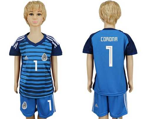 Mexico #1 Corona Blue Goalkeeper Kid Soccer Country Jersey