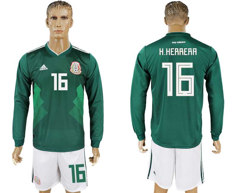 Mexico #16 H.HERRERA Home 2018 FIFA World Cup Long Sleeve Soccer Jersey
