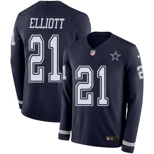 Nike Dallas Cowboys #21 Ezekiel Elliott Navy Blue Team Color Men's Stitched NFL Limited Therma Long Sleeve Jersey
