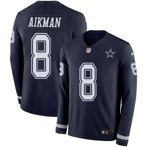 Nike Dallas Cowboys #8 Troy Aikman Navy Blue Team Color Men's Stitched NFL Limited Therma Long Sleeve Jersey