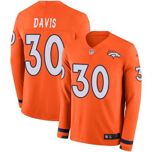 Nike Denver Broncos #30 Terrell Davis Orange Team Color Men's Stitched NFL Limited Therma Long Sleeve Jersey