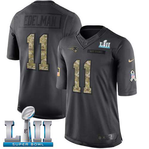 Nike New England Patriots #11 Julian Edelman Black Super Bowl LII Men's Stitched NFL Limited 2016 Salute To Service Jersey