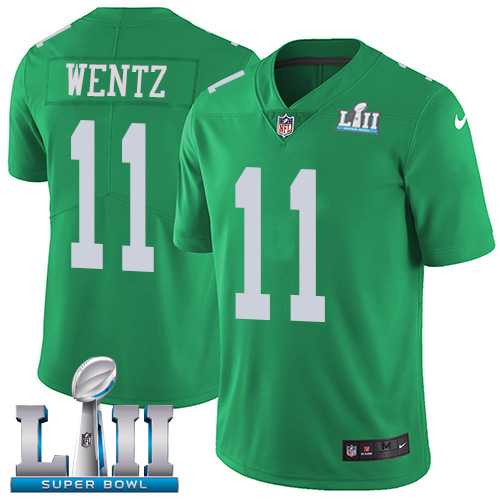 Nike Philadelphia Eagles #11 Carson Wentz Green Super Bowl LII Men's Stitched NFL Limited Rush Jersey