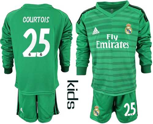 Real Madrid #25 Courtois Green Goalkeeper Long Sleeves Kid Soccer Club Jersey