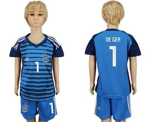 Spain #1 De Gea Blue Goalkeeper Kid Soccer Country Jersey