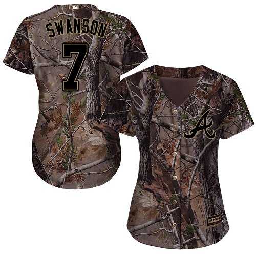 Women's Atlanta Braves #7 Dansby Swanson Camo Realtree Collection Cool Base Stitched MLB
