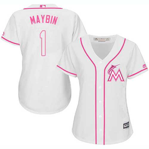 Women's Miami Marlins #1 Cameron Maybin White Pink Fashion Stitched MLB Jersey