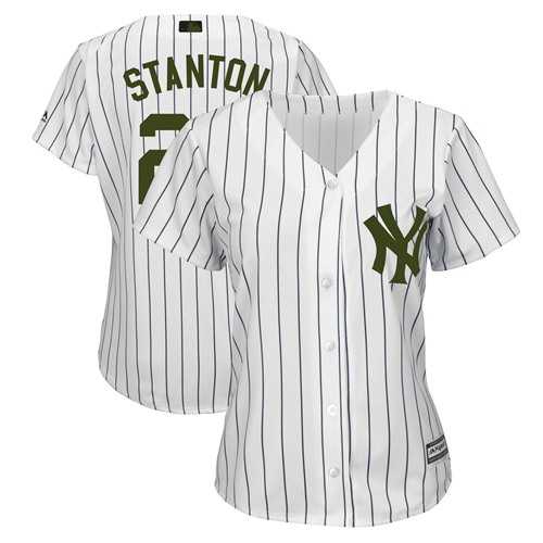 Women's New York Yankees #27 Giancarlo Stanton White Strip 2018 Memorial Day Cool Base Stitched MLB Jersey