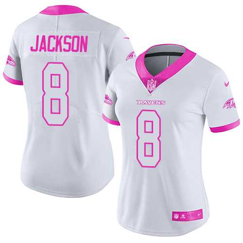 Women's Nike Baltimore Ravens #8 Lamar Jackson White Pink Stitched NFL Limited Rush Fashion Jersey