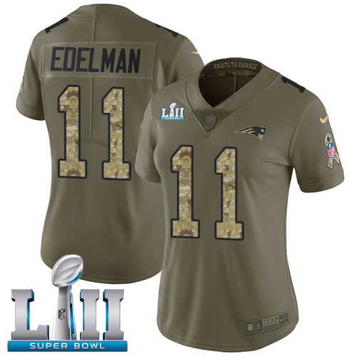 Women's Nike New England Patriots #11 Julian Edelman Olive Camo Super Bowl LII Stitched NFL Limited 2017 Salute to Service Jersey