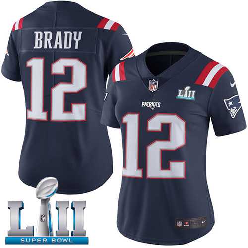 Women's Nike New England Patriots #12 Tom Brady Navy Blue Super Bowl LII Stitched NFL Limited Rush Jersey