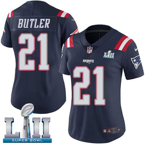 Women's Nike New England Patriots #21 Malcolm Butler Navy Blue Super Bowl LII Stitched NFL Limited Rush Jersey