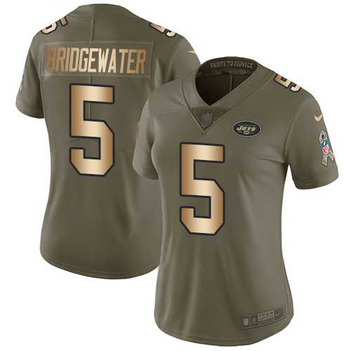 Women's Nike New York Jets #5 Teddy Bridgewater Olive Gold Stitched NFL Limited 2017 Salute to Service Jersey