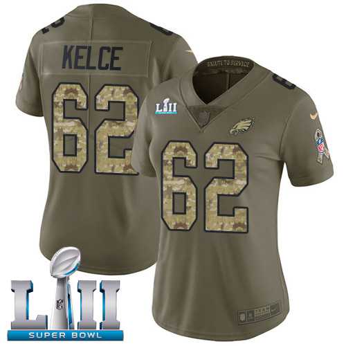 Women's Nike Philadelphia Eagles #62 Jason Kelce Olive Camo Super Bowl LII Stitched NFL Limited 2017 Salute to Service Jersey