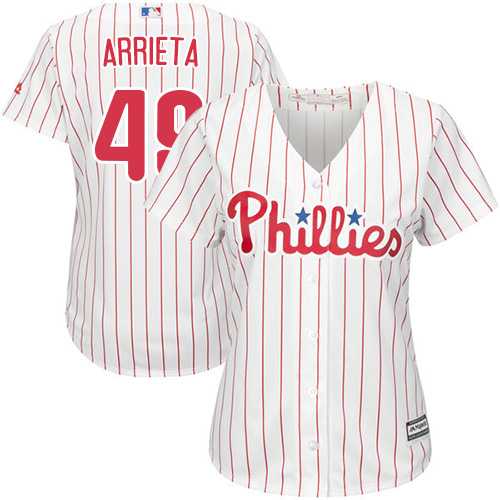 Women's Philadelphia Phillies #49 Jake Arrieta White(Red Strip) Home Stitched MLB