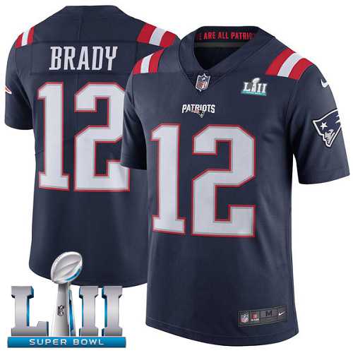 Youth Nike New England Patriots #12 Tom Brady Navy Blue Super Bowl LII Stitched NFL Limited Rush Jersey