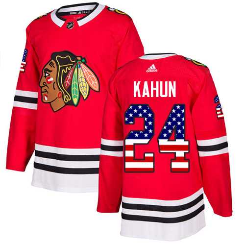 Men's Adidas Chicago Blackhawks #24 Dominik Kahun Red Home Authentic USA Flag Stitched NHL Jersey