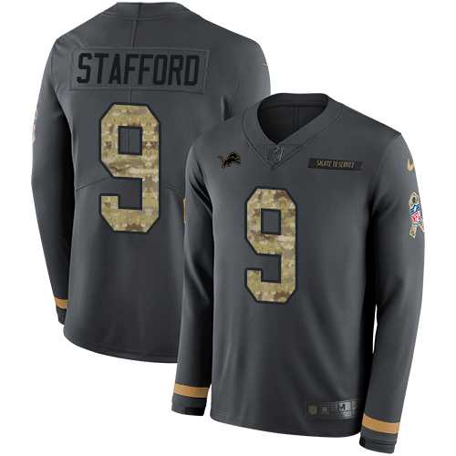 Nike Detroit Lions #9 Matthew Stafford Anthracite Salute to Service Men's Stitched NFL Limited Therma Long Sleeve Jersey