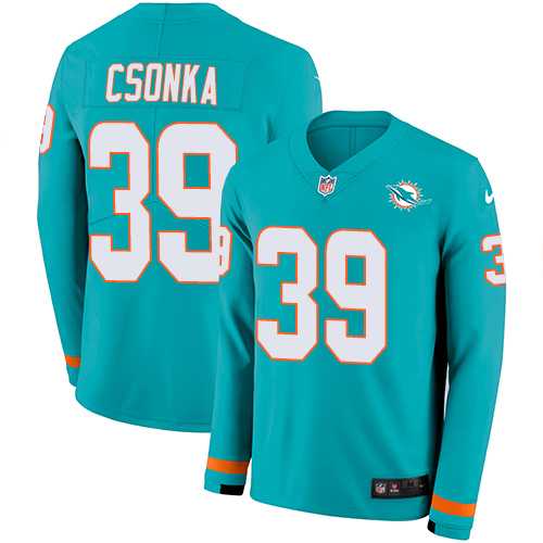 Nike Miami Dolphins #39 Larry Csonka Aqua Green Team Color Men's Stitched NFL Limited Therma Long Sleeve Jersey