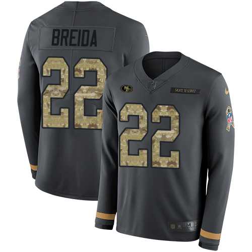 Nike San Francisco 49ers #22 Matt Breida Anthracite Salute to Service Men's Stitched NFL Limited Therma Long Sleeve Jersey