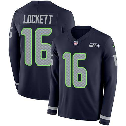 Nike Seattle Seahawks #16 Tyler Lockett Steel Blue Team Color Men's Stitched NFL Limited Therma Long Sleeve Jersey