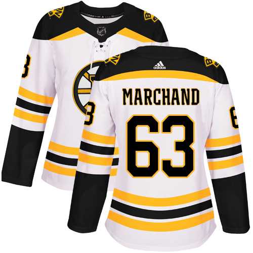 Women's Adidas Boston Bruins #63 Brad Marchand White Road Authentic Stitched NHL Jersey