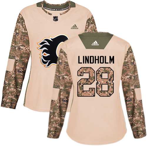 Women's Adidas Calgary Flames #28 Elias Lindholm Camo Authentic 2017 Veterans Day Stitched NHL Jersey