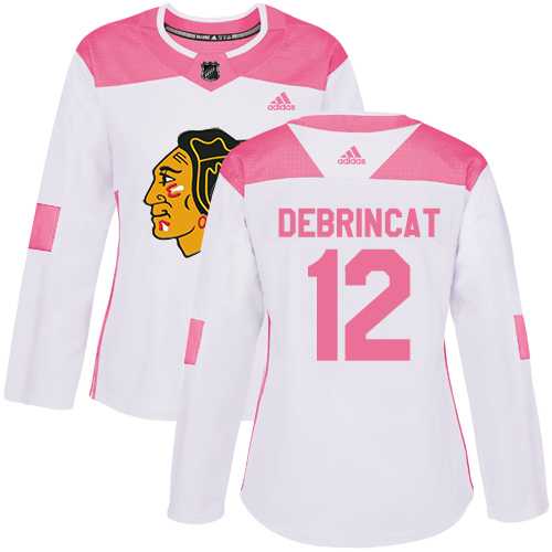 Women's Adidas Chicago Blackhawks #12 Alex DeBrincat White Pink Authentic Fashion Stitched NHL Jersey