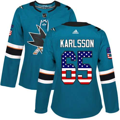 Women's Adidas San Jose Sharks #65 Erik Karlsson Teal Home Authentic USA Flag Stitched NHL Jersey