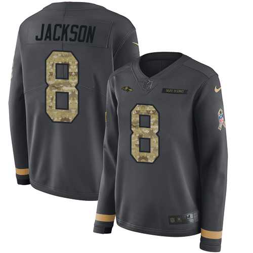 Women's Nike Baltimore Ravens #8 Lamar Jackson Anthracite Salute to Service Stitched NFL Limited Therma Long Sleeve Jersey