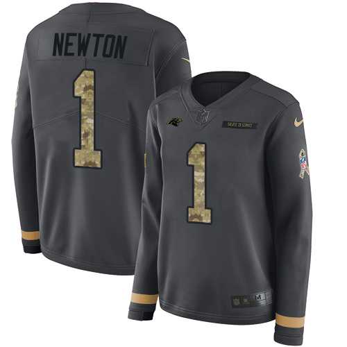 Women's Nike Carolina Panthers #1 Cam Newton Anthracite Salute to Service Stitched NFL Limited Therma Long Sleeve Jersey