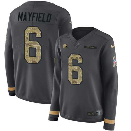 Women's Nike Cleveland Browns #6 Baker Mayfield Anthracite Salute to Service Stitched NFL Limited Therma Long Sleeve Jersey