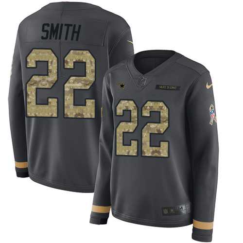 Women's Nike Dallas Cowboys #22 Emmitt Smith Anthracite Salute to Service Stitched NFL Limited Therma Long Sleeve Jersey