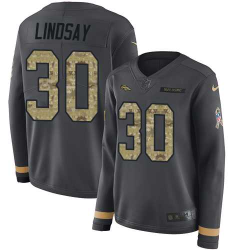 Women's Nike Denver Broncos #30 Phillip Lindsay Anthracite Salute to Service Stitched NFL Limited Therma Long Sleeve Jersey