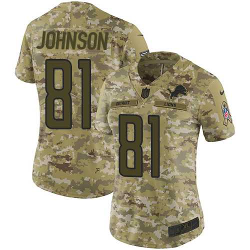 Women's Nike Detroit Lions #81 Calvin Johnson Camo Stitched NFL Limited 2018 Salute to Service Jersey