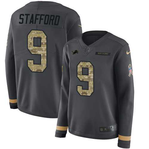 Women's Nike Detroit Lions #9 Matthew Stafford Anthracite Salute to Service Stitched NFL Limited Therma Long Sleeve Jersey