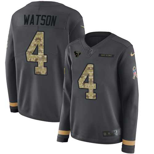 Women's Nike Houston Texans #4 Deshaun Watson Anthracite Salute to Service Stitched NFL Limited Therma Long Sleeve Jersey