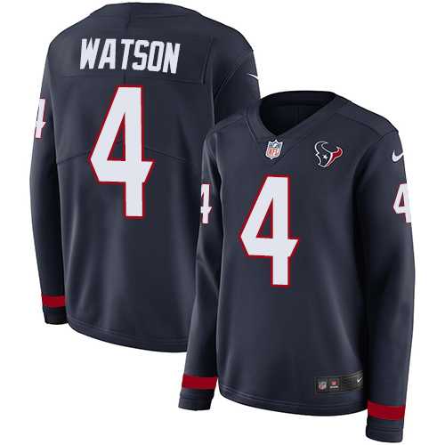 Women's Nike Houston Texans #4 Deshaun Watson Navy Blue Team Color Stitched NFL Limited Therma Long Sleeve Jersey